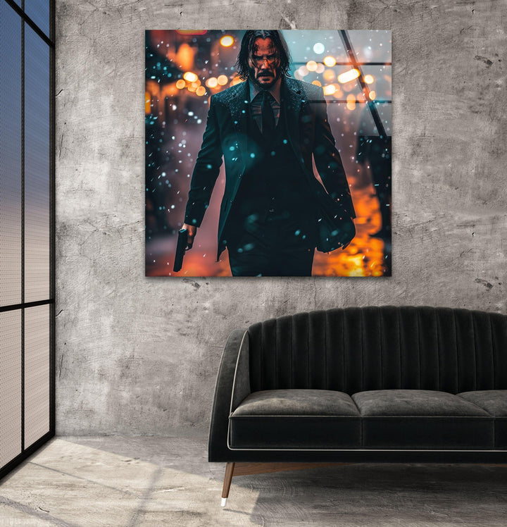 John Wick Keanu Reeves Glass Wall Art, photo print on glass, prints on glass wall art