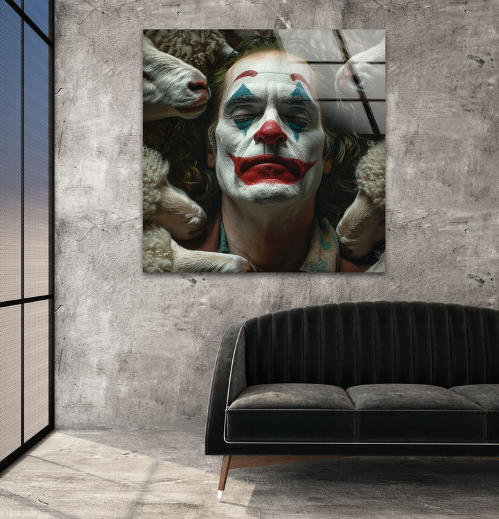 Joker and Sheeps Glass Wall Art custom glass photo prints, large glass prints
