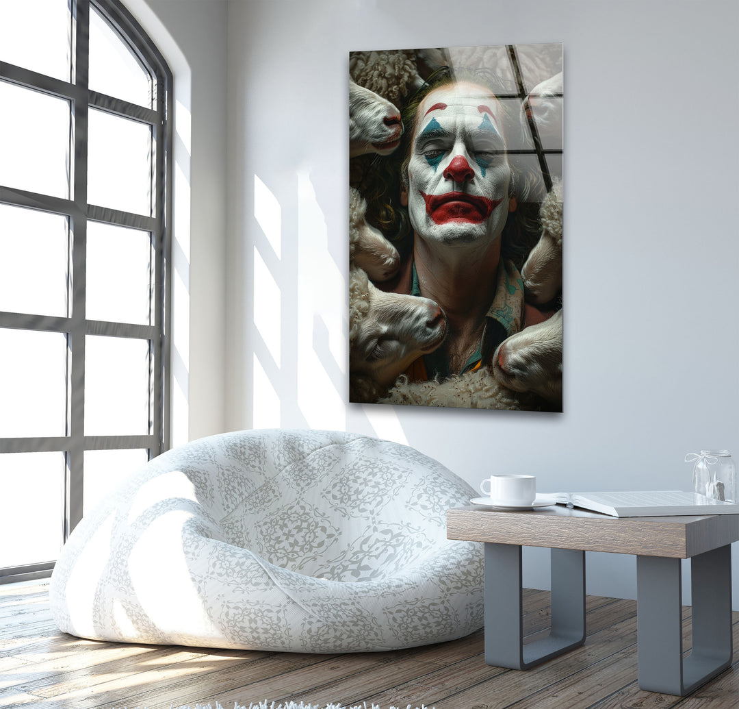 Joker and Sheeps Glass Wall Art custom glass pictures, glass art prints
