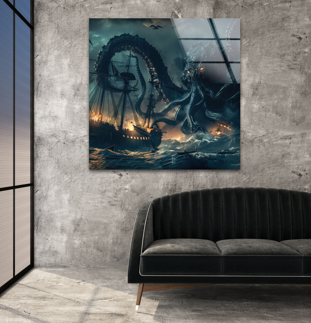 Giant Kraken Glass Wall Art print picture on glass, Tempered Glass Wall Art
