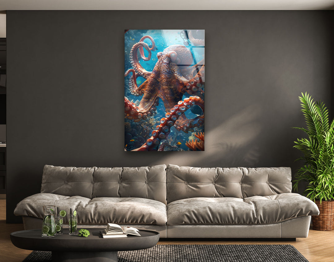 Large Octopus Glass Wall Art photo print on glass, prints on glass wall art
