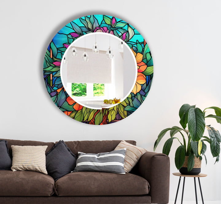 Green & Orange Flower Wall Mirror Living Room Wall Mirror
