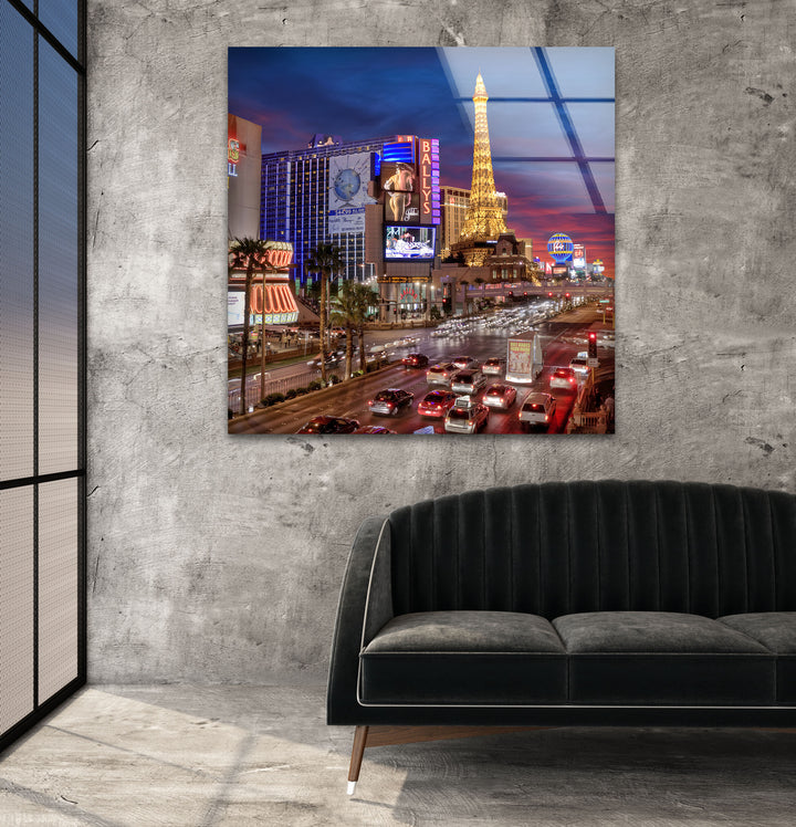 High-resolution Las Vegas cityscape printed on glass wall art, capturing the energy of the Strip.
