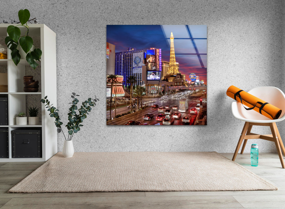 Iconic Las Vegas Strip view printed on tempered glass, bringing a modern touch to any space.
