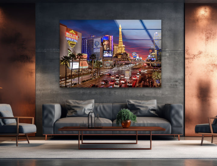 Luxurious glass wall art featuring the Eiffel Tower replica and neon-lit streets of Las Vegas.
