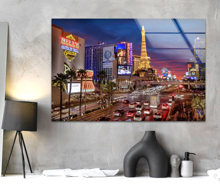 A panoramic Las Vegas Strip print on glass, perfect for modern interiors and travel lovers.
