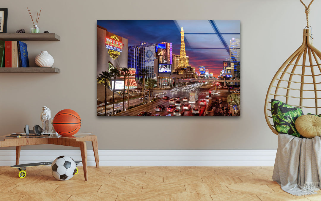 A vibrant night view of Las Vegas captured in 8K quality on tempered glass for a sleek finish.
