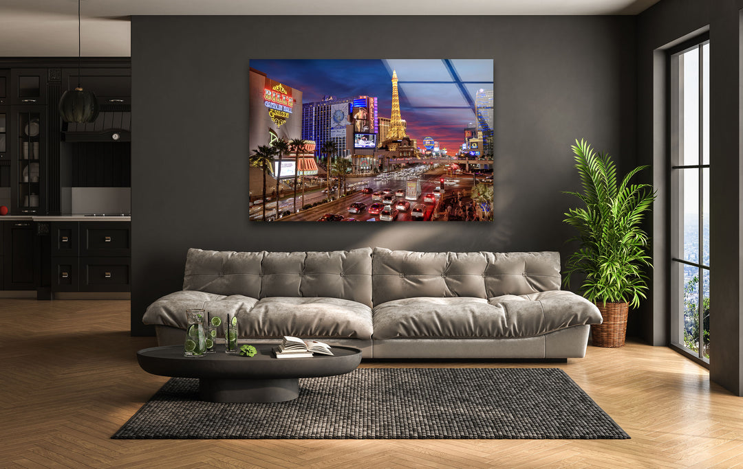 A stunning glass wall art of the vibrant Las Vegas Strip, featuring neon lights and bustling city life.
