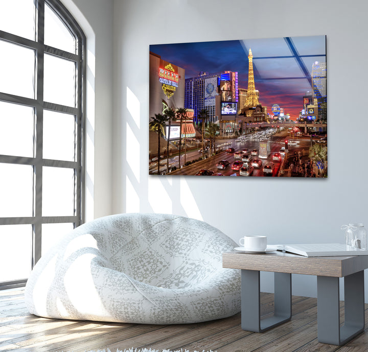 High-definition glass wall art of Las Vegas, showcasing the city's energy and colorful lights.
