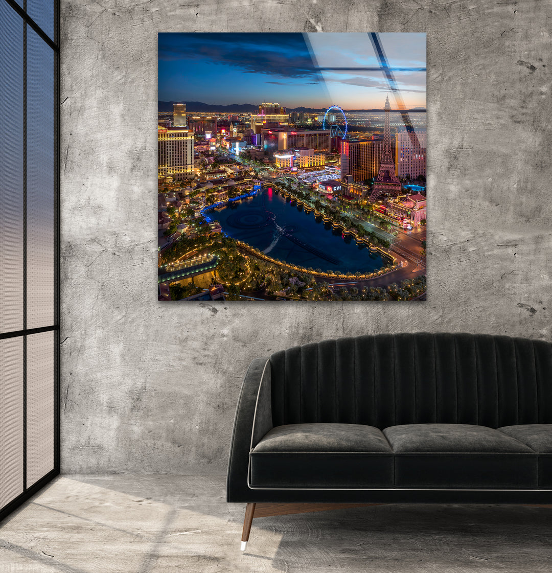 Las Vegas Skyline Glass Wall Art - Vibrant Night Cityscape