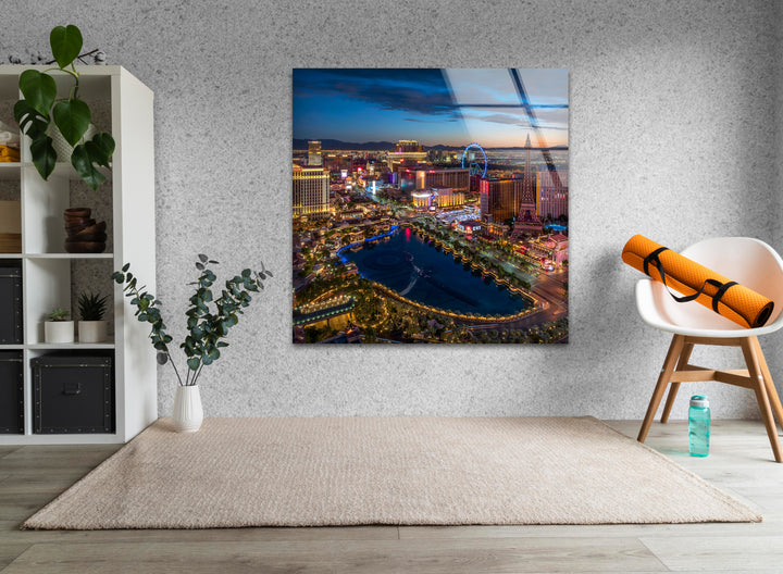 Las Vegas Skyline Glass Wall Art - Vibrant Night Cityscape