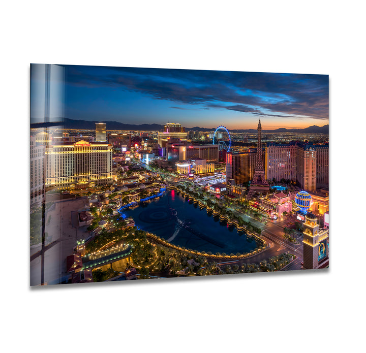 Las Vegas Skyline Glass Wall Art - Vibrant Night Cityscape