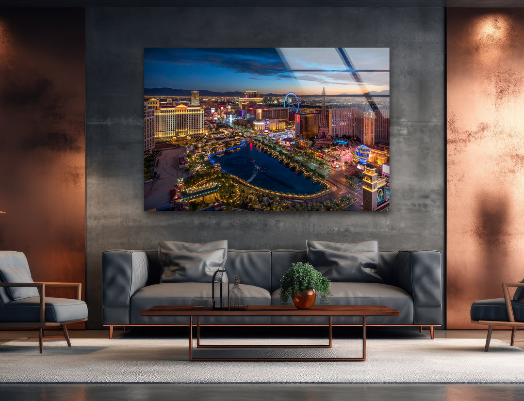 Las Vegas Skyline Glass Wall Art - Vibrant Night Cityscape