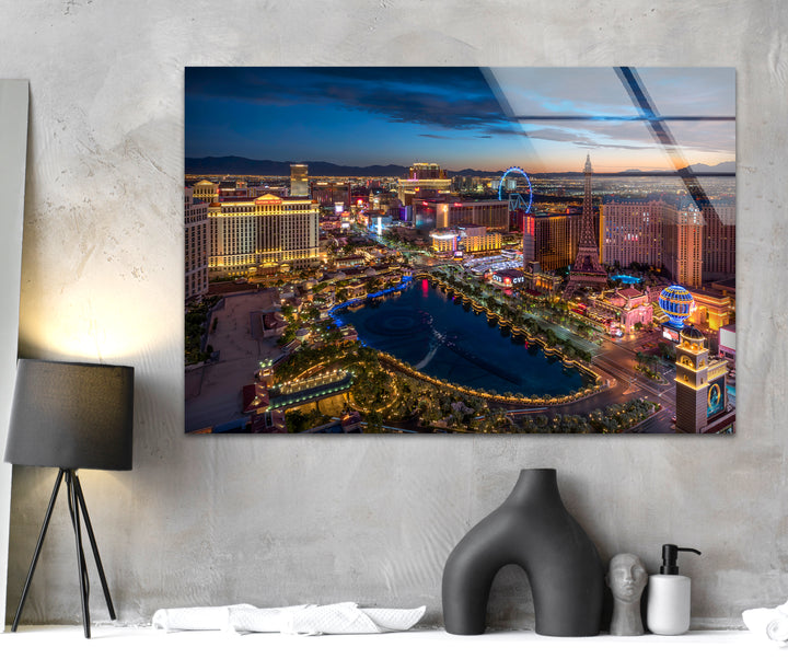 Las Vegas Skyline Glass Wall Art - Vibrant Night Cityscape