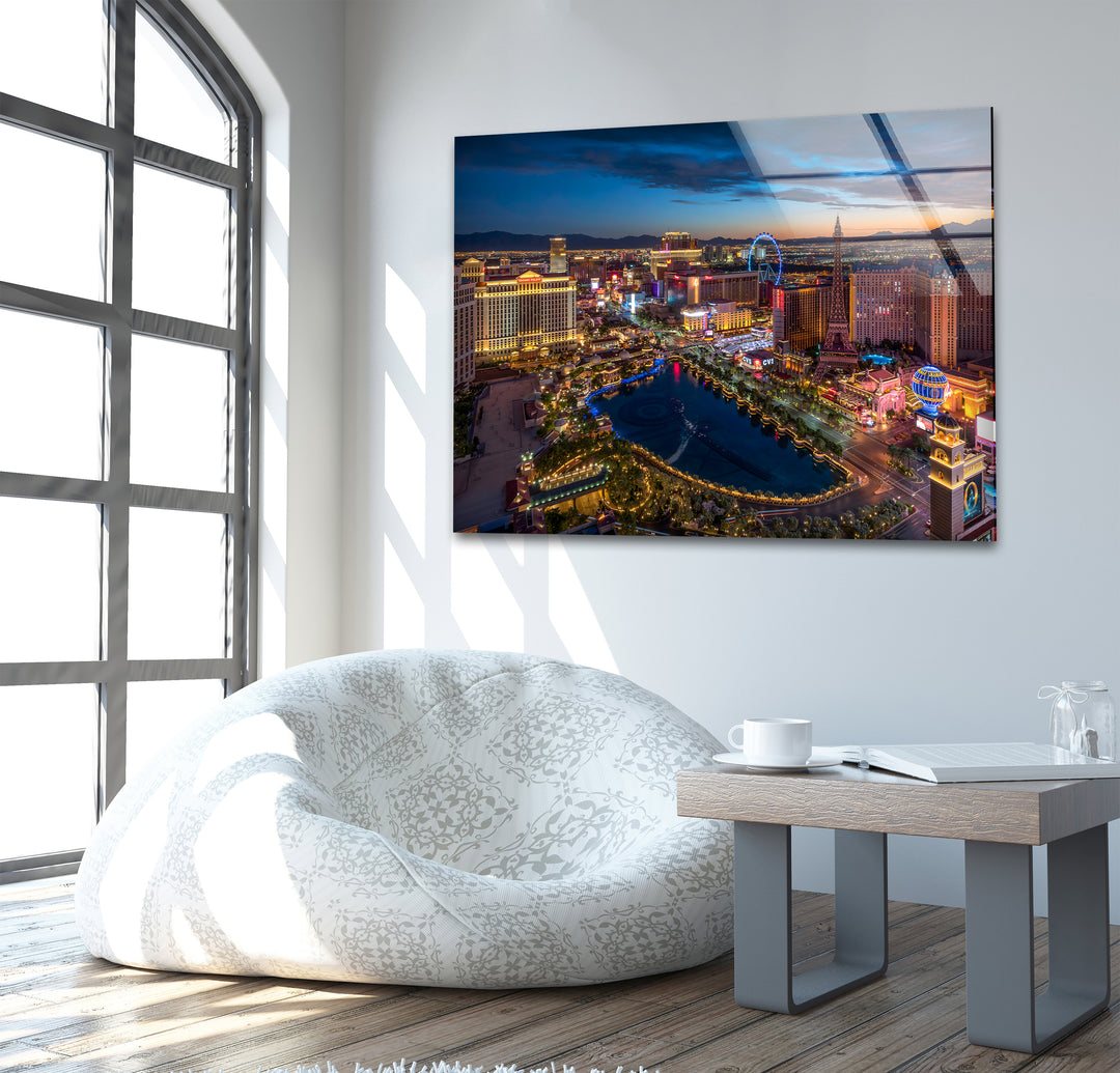 Las Vegas Skyline Glass Wall Art - Vibrant Night Cityscape