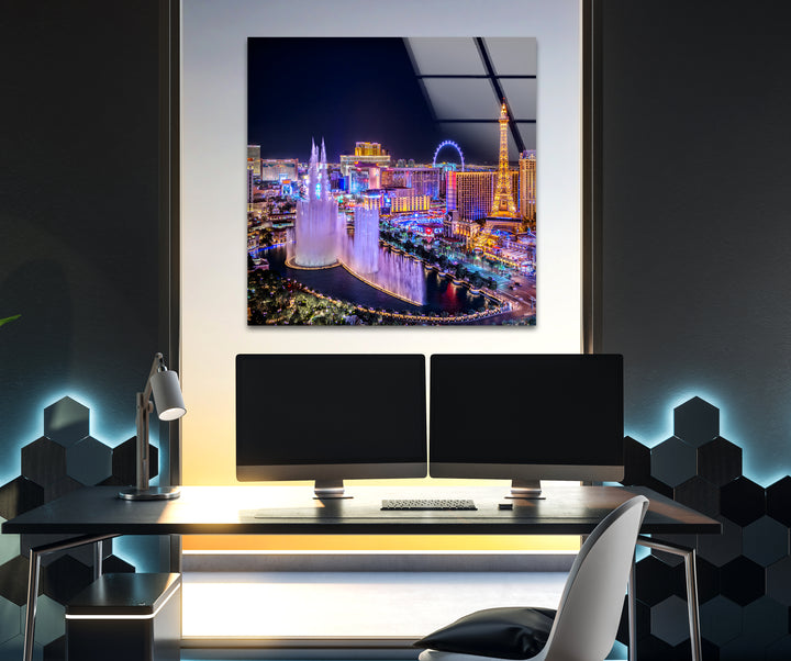 Las Vegas Fountain Glass Wall Art - Nighttime Cityscape