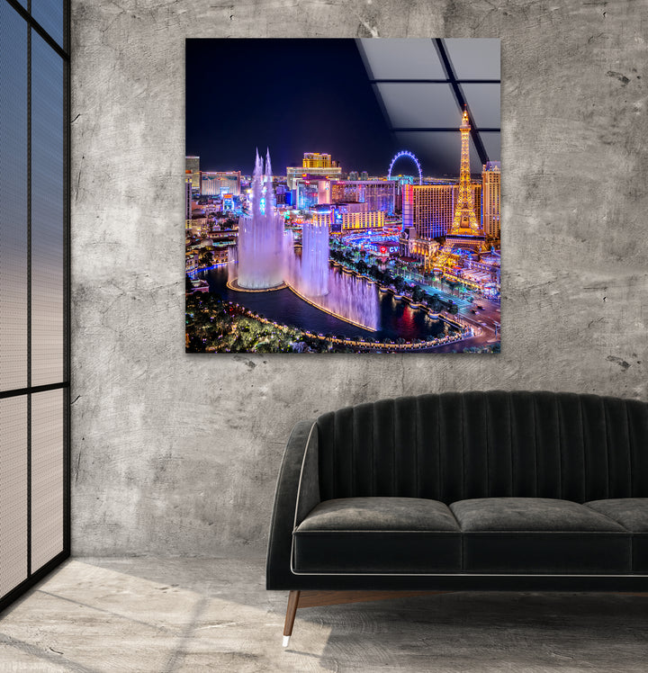 Las Vegas Fountain Glass Wall Art - Nighttime Cityscape