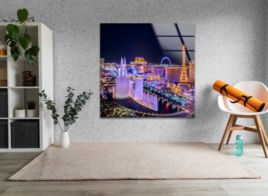 Las Vegas Fountain Glass Wall Art - Nighttime Cityscape