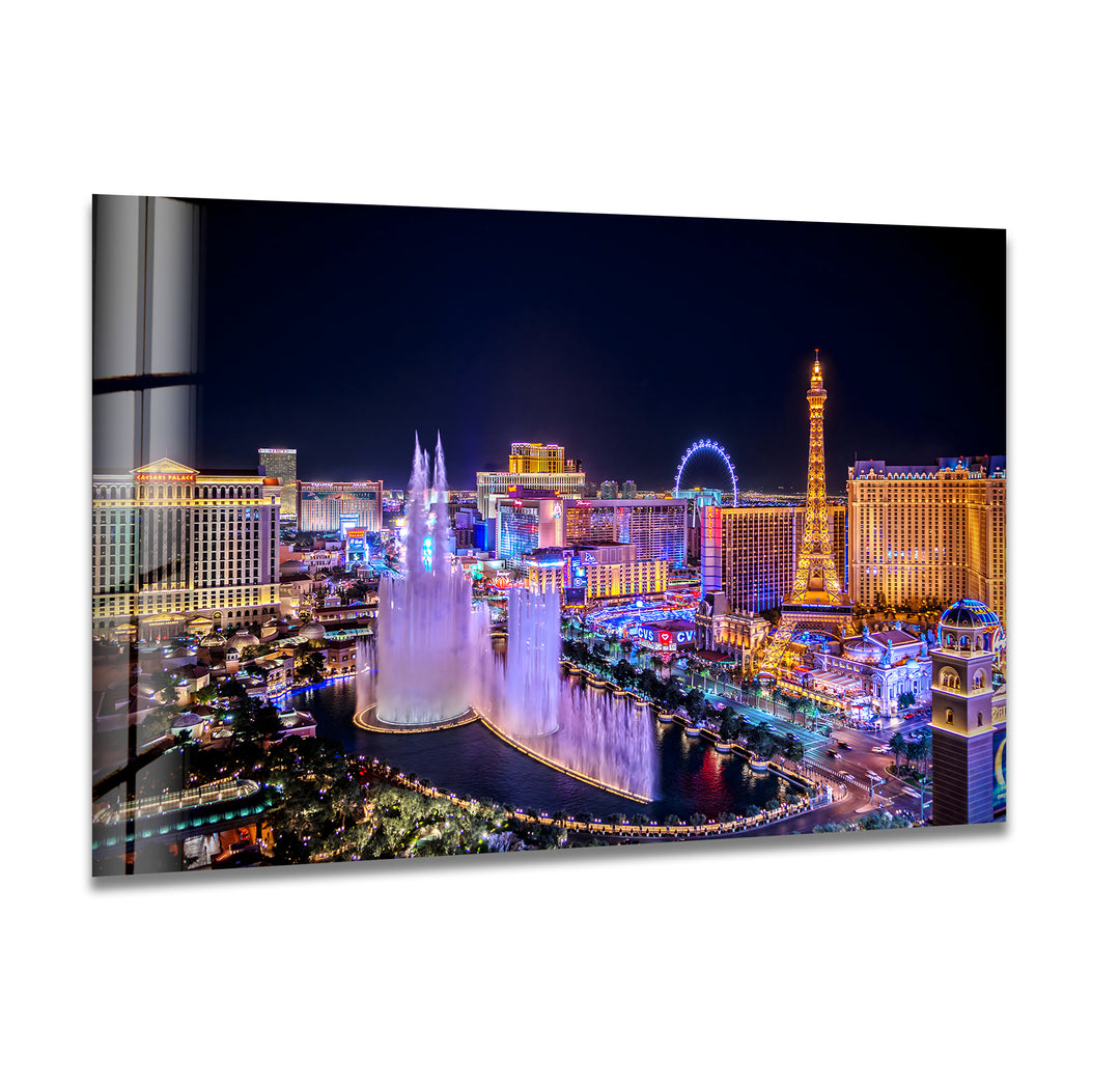 Las Vegas Fountain Glass Wall Art - Nighttime Cityscape