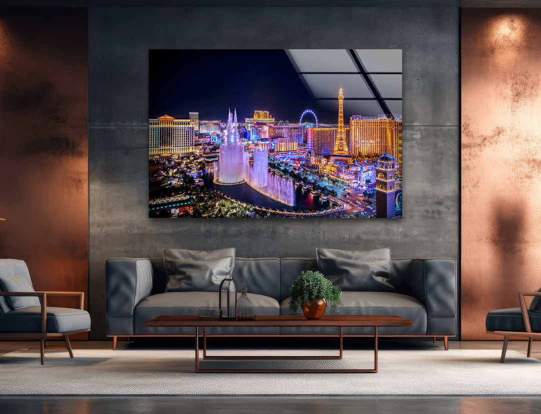 Las Vegas Fountain Glass Wall Art - Nighttime Cityscape