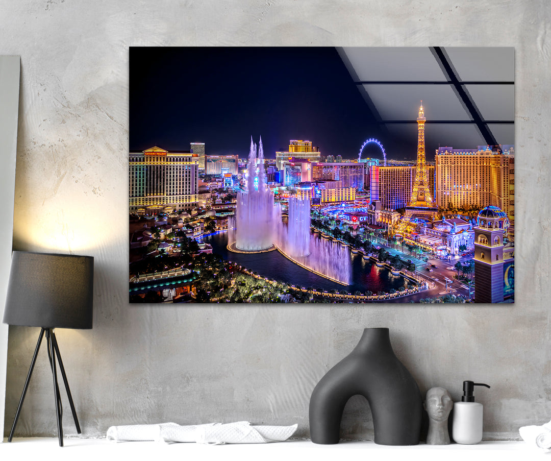 Las Vegas Fountain Glass Wall Art - Nighttime Cityscape