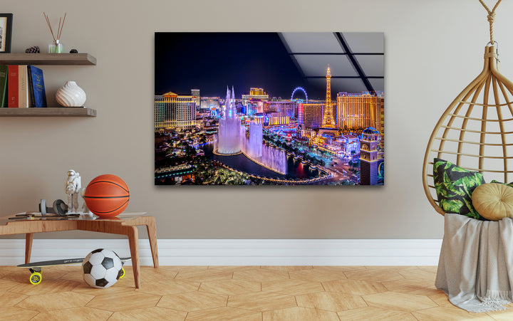 Las Vegas Fountain Glass Wall Art - Nighttime Cityscape