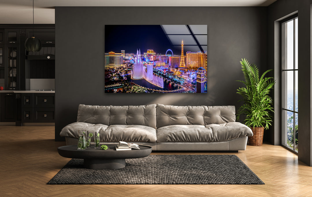 Las Vegas Fountain Glass Wall Art - Nighttime Cityscape