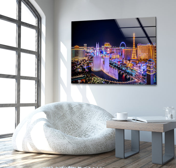 Las Vegas Fountain Glass Wall Art - Nighttime Cityscape