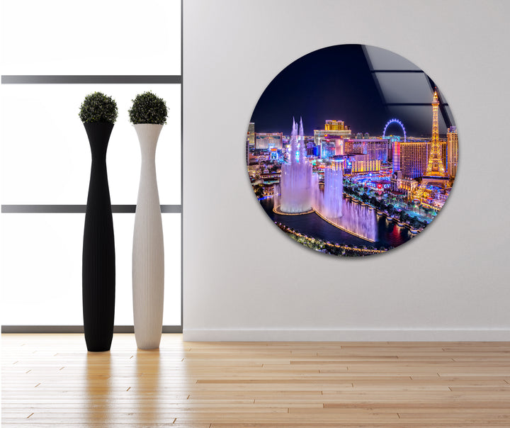 Las Vegas Fountain Glass Wall Art - Nighttime Cityscape