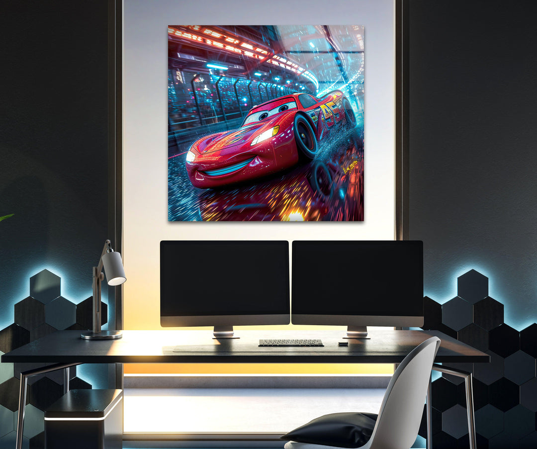 Vivid Lightning McQueen Glass Wall Art custom glass pictures, glass art prints
