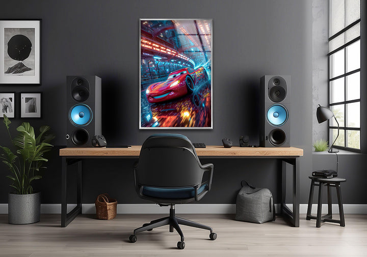 Vivid Lightning McQueen Glass Wall Art photo print on glass, prints on glass wall art
