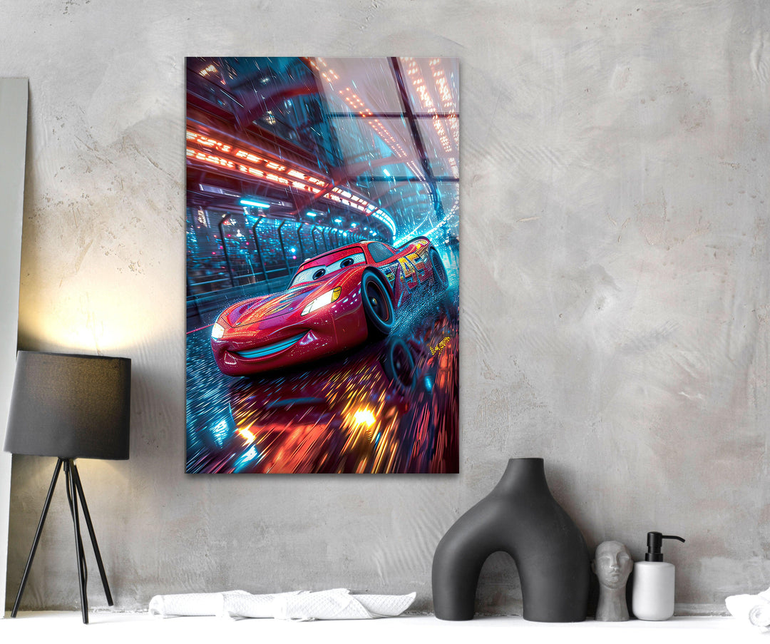 Vivid Lightning McQueen Glass Wall Art custom glass photo prints, large glass prints
