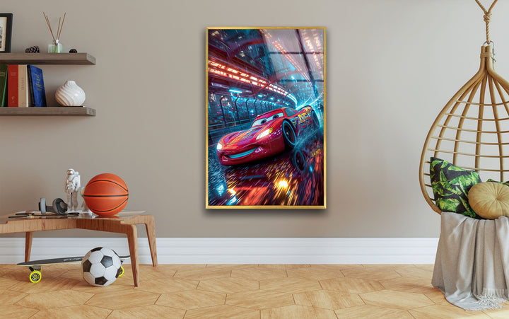 Vivid Lightning McQueen Glass Wall Art picture on glass wall art, photos printed on glass
