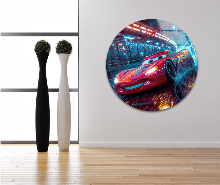 Vivid Lightning McQueen Glass Wall Art print picture on glass, Tempered Glass Wall Art
