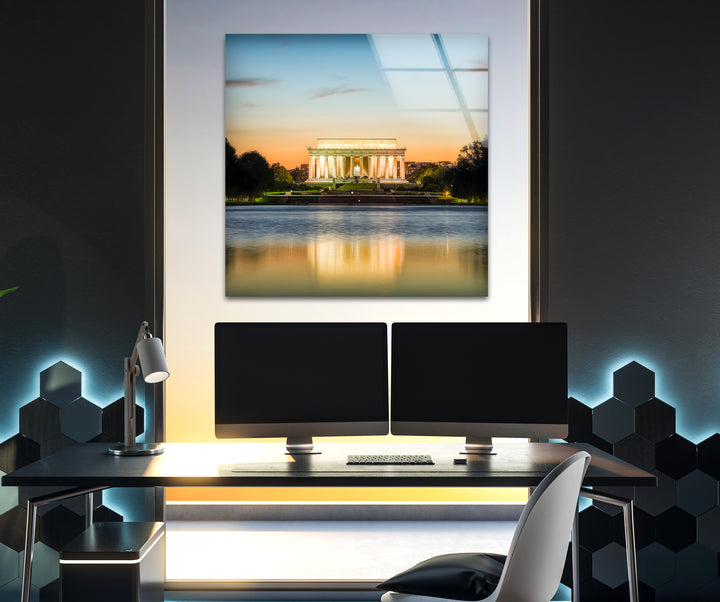 Lincoln Memorial Glass Wall Art - Reflective Sunset Elegance