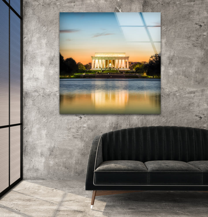 Lincoln Memorial Glass Wall Art - Reflective Sunset Elegance