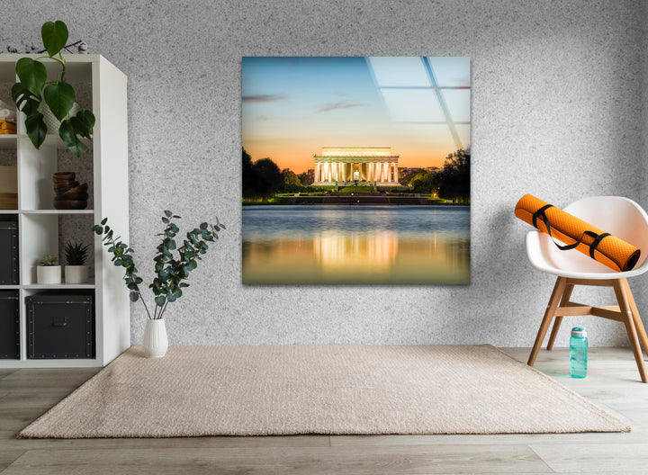 Lincoln Memorial Glass Wall Art - Reflective Sunset Elegance