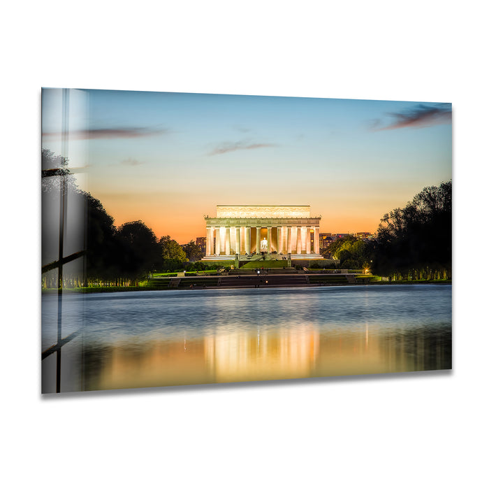 Lincoln Memorial Glass Wall Art - Reflective Sunset Elegance