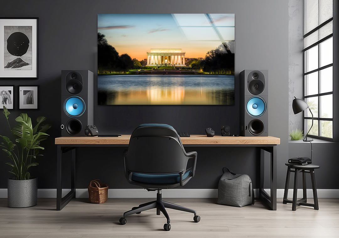 Lincoln Memorial Glass Wall Art - Reflective Sunset Elegance