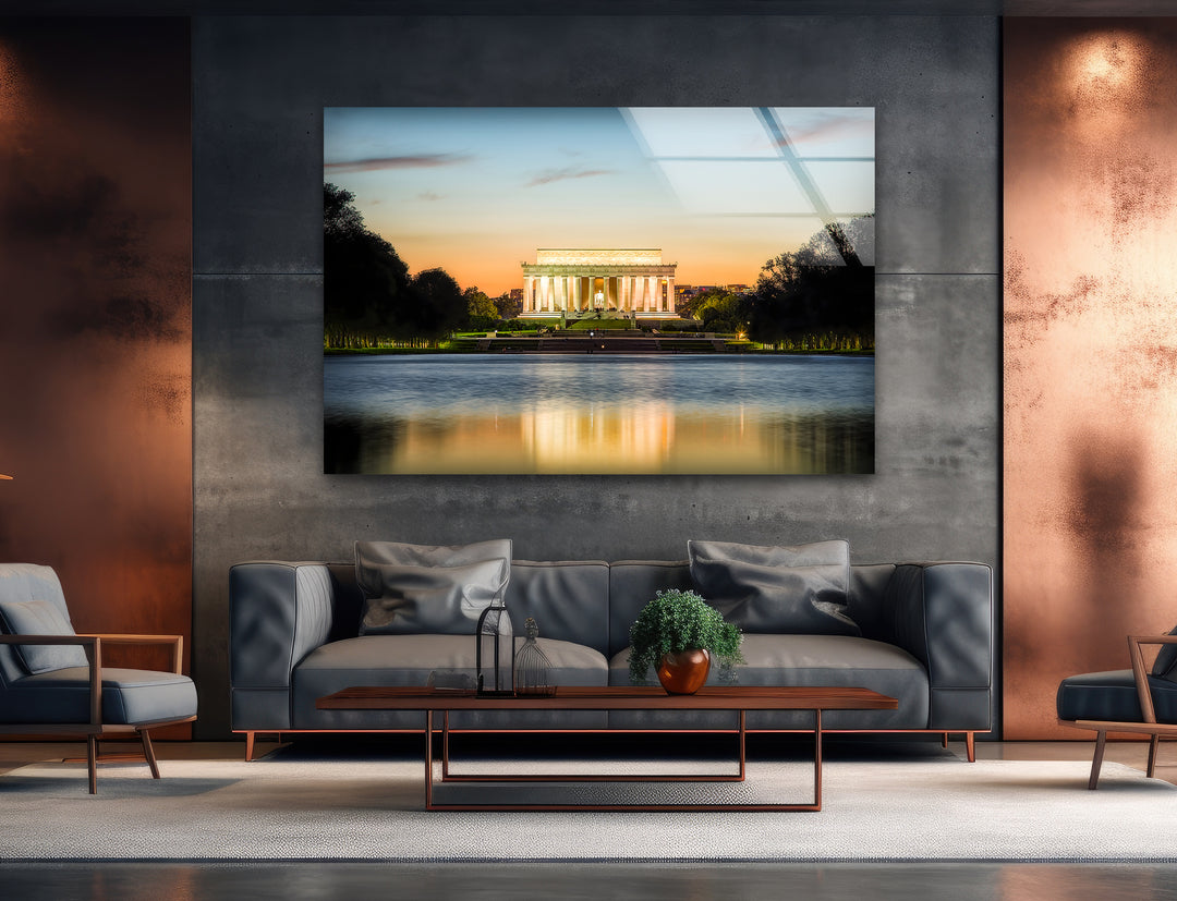 Lincoln Memorial Glass Wall Art - Reflective Sunset Elegance