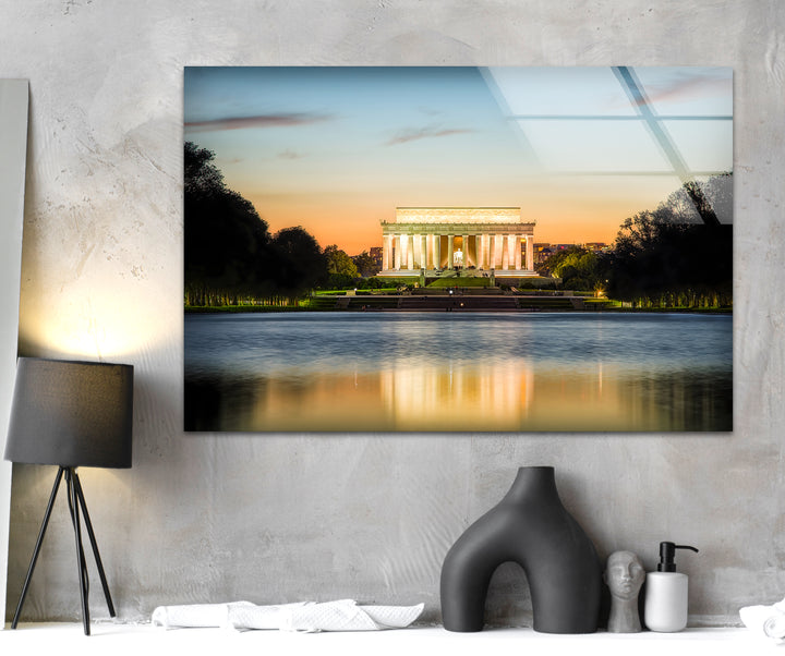 Lincoln Memorial Glass Wall Art - Reflective Sunset Elegance