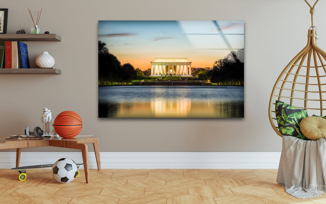 Lincoln Memorial Glass Wall Art - Reflective Sunset Elegance