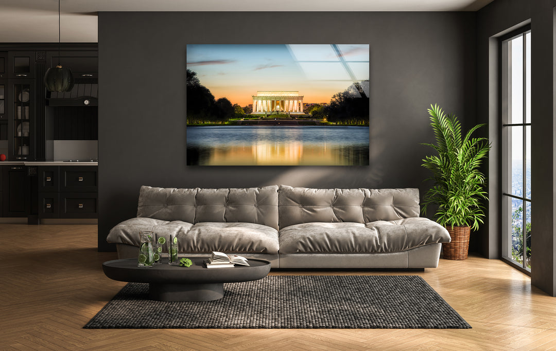 Lincoln Memorial Glass Wall Art - Reflective Sunset Elegance