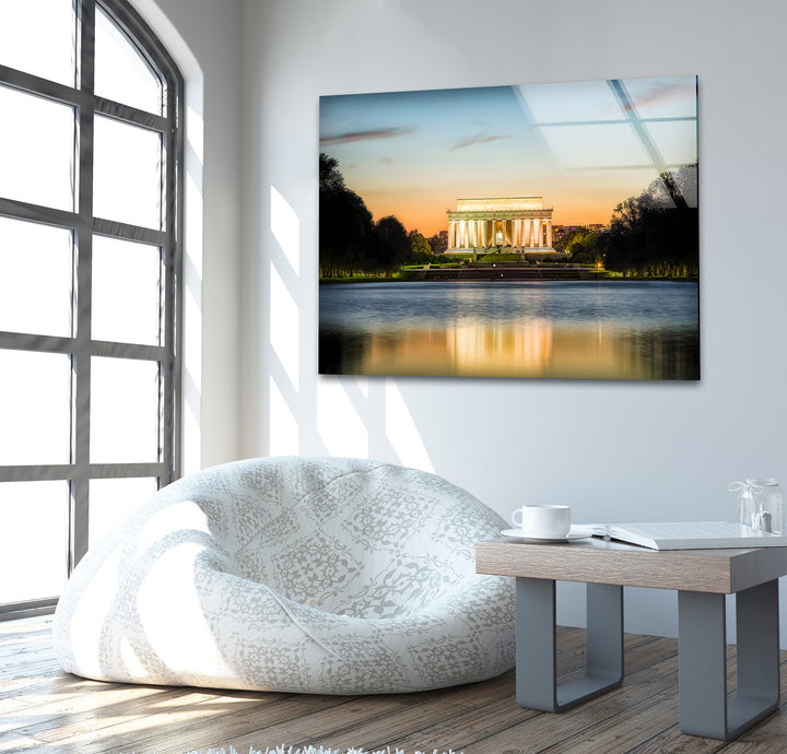 Lincoln Memorial Glass Wall Art - Reflective Sunset Elegance