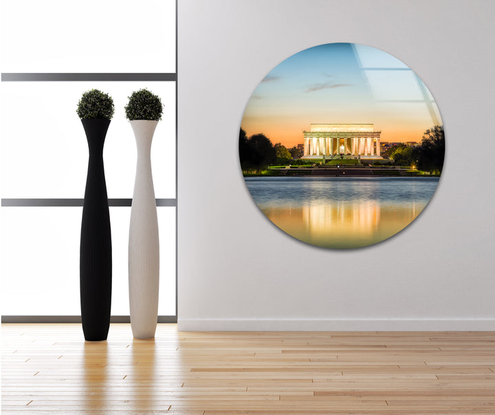 Lincoln Memorial Glass Wall Art - Reflective Sunset Elegance