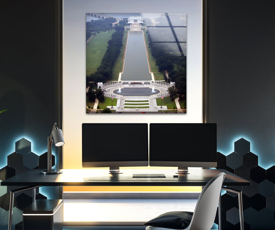 Washington DC Aerial View Glass Wall Art - Lincoln Memorial & Reflecting Pool