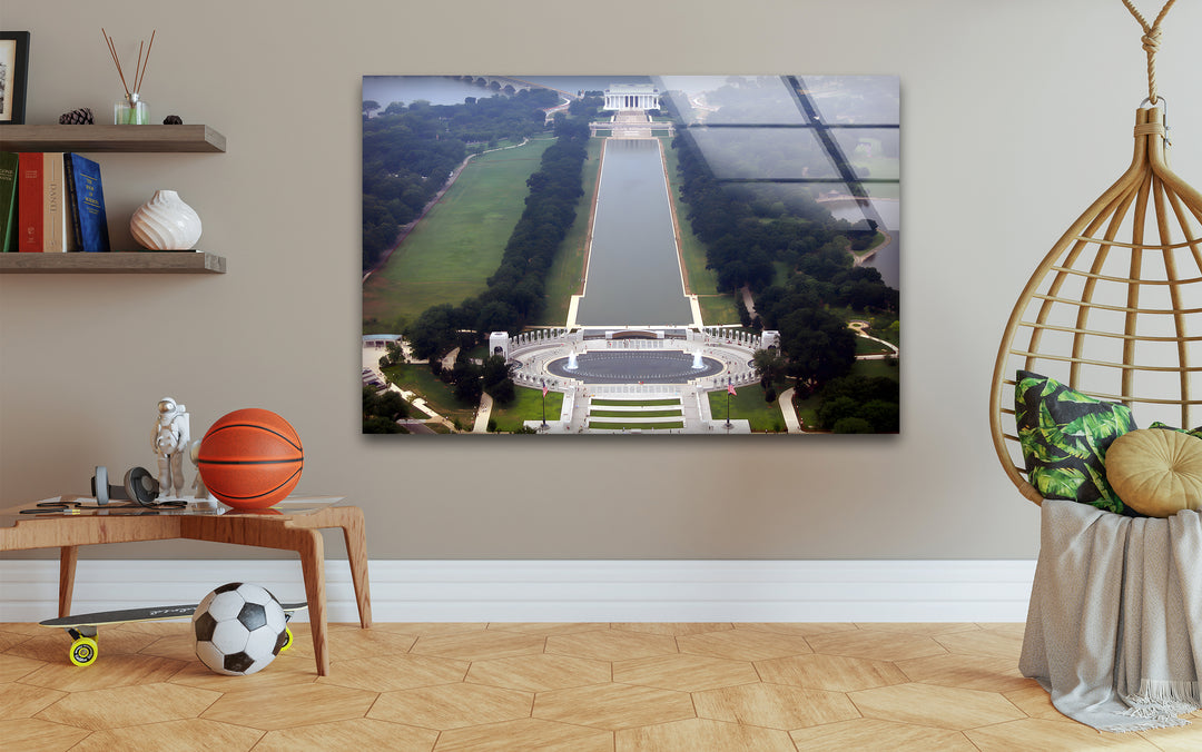 Washington DC Aerial View Glass Wall Art - Lincoln Memorial & Reflecting Pool