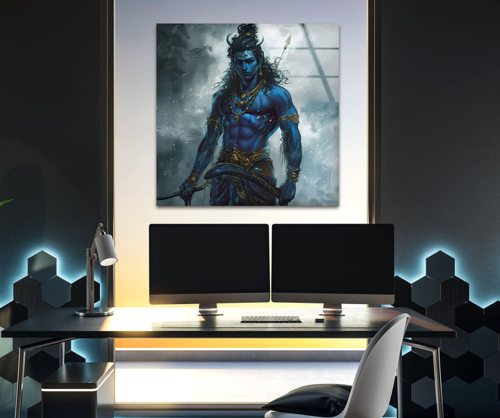 Lord Shiva Blue Art Glass Wall Art glass pictures for Wall, glass prints wall art
