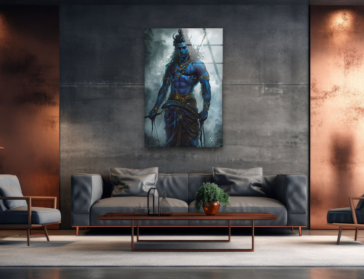 Lord Shiva Blue Art Glass Wall Art photo print on glass, prints on glass wall art
