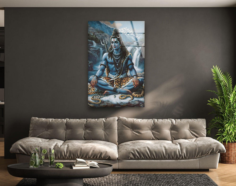 Lord Shiva God Blue Glass Wall Art glass pictures for Wall, glass prints wall art
